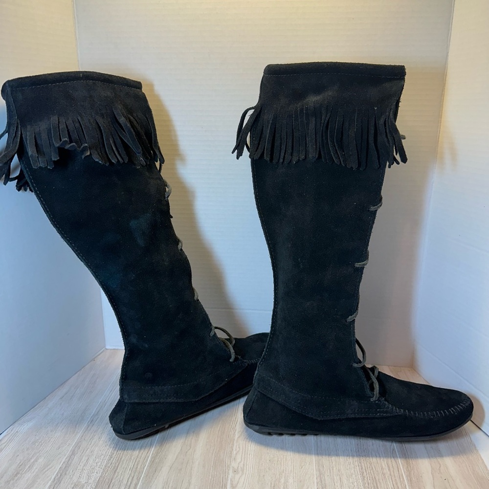 Minnetonka Black Suede Lace-Up Fringe Boots - Picture 5 of 8